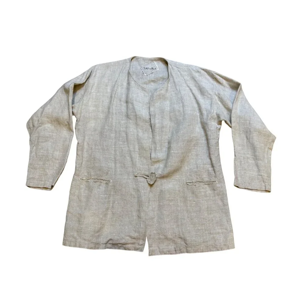 Vintage Tamiko Linen Overcoat Tunic Jacket Stitching Detail Minimilist Lagenlook